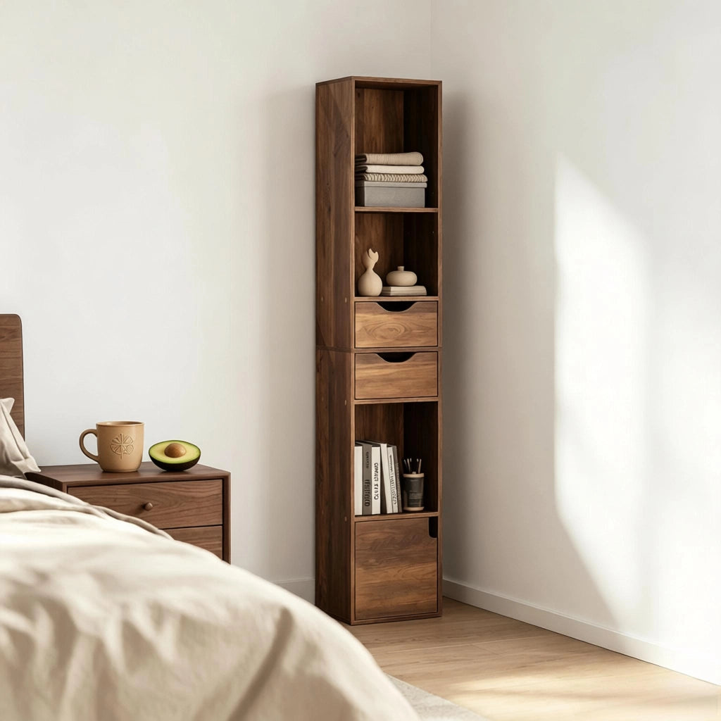 Libreria stretta con 3 vani, 2 cassetti e anta, ripiani regolabili, legno ingegnerizzato marrone, 30 × 24 × 157,5 cm