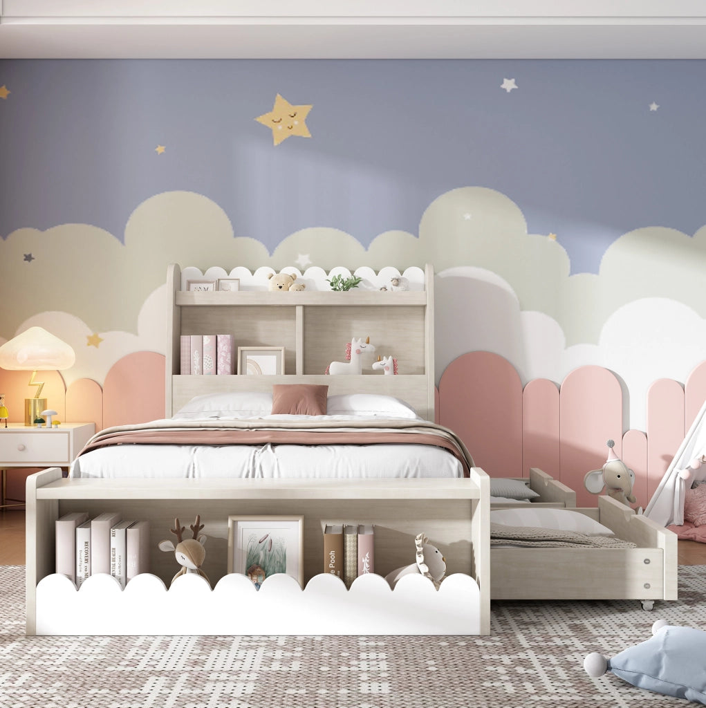 Letto singolo 90 x 200 cm con cassetti, ripiani e panca contenitore