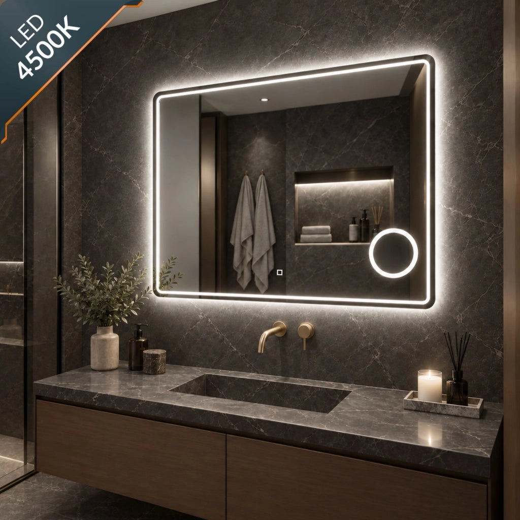 Specchio 5mm rettangolare smussato cornice led interruttore touch lente *** misure 90x70 cm, tonalità dimmerabile 27...