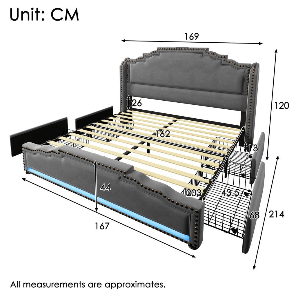 Letto 160x200 cm con 4 cassetti; LED e USB Type-C in velluto grigio