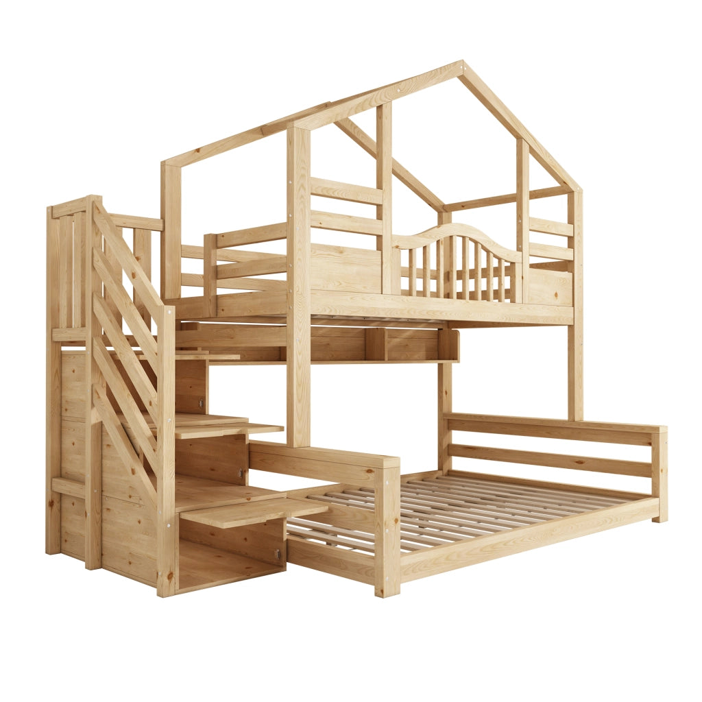 Letto a castello per bambini con armadietto nella scala; legno dall'aspetto naturale