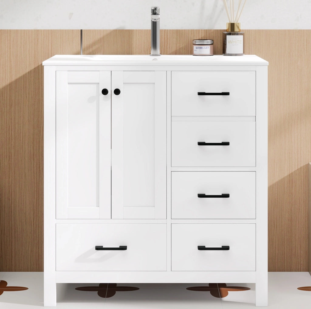 Mobile bagno bianco 76x46x82 cm in MDF con lavabo integrato in ceramica e ampi spazi contenitivi