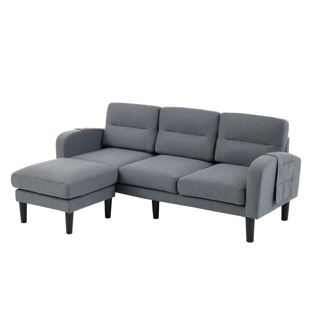 Divano angolare a L 3 posti con chaiselongue grigio 204x136x80 cm con tasche laterali e 10 piedi