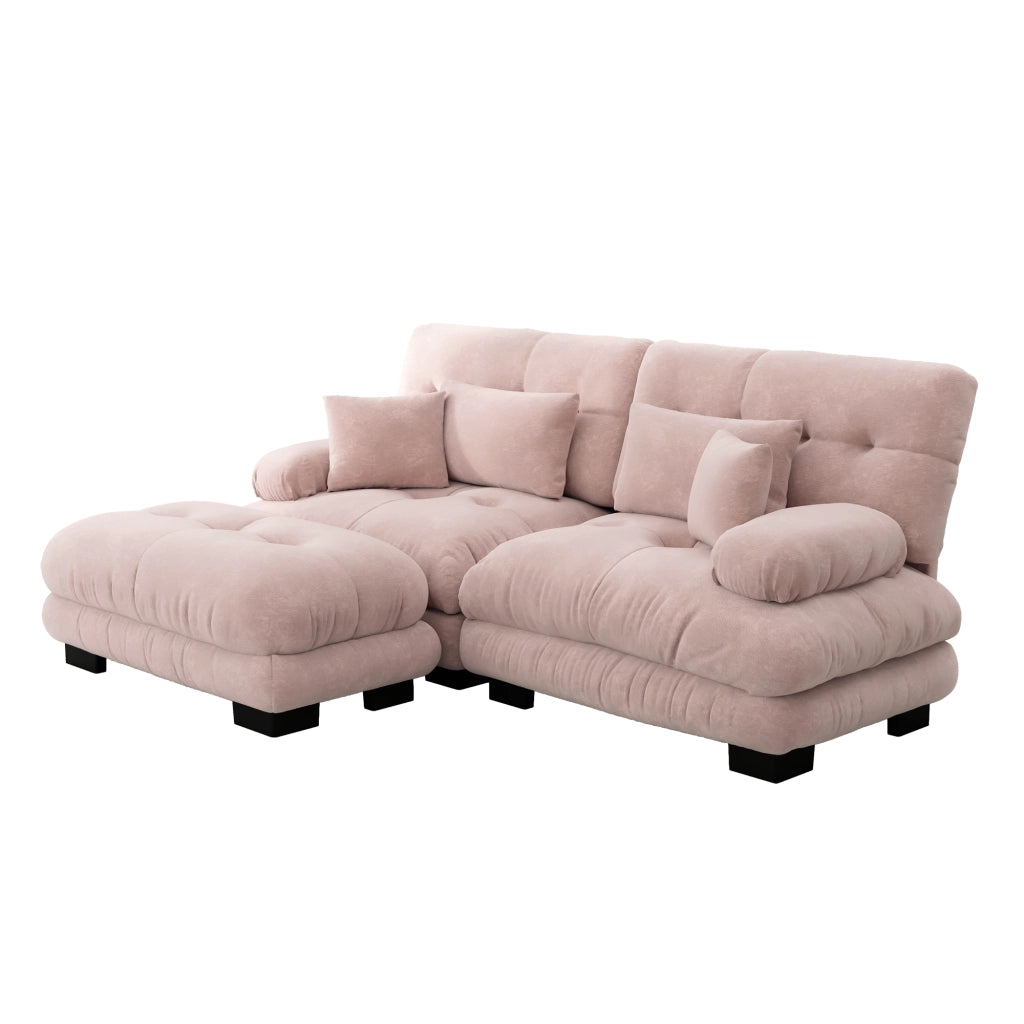 Divano modulare a L con ottomani in chenille rosa con cuscini lombari e decorativi da salotto 81 × 220 × 145 cm