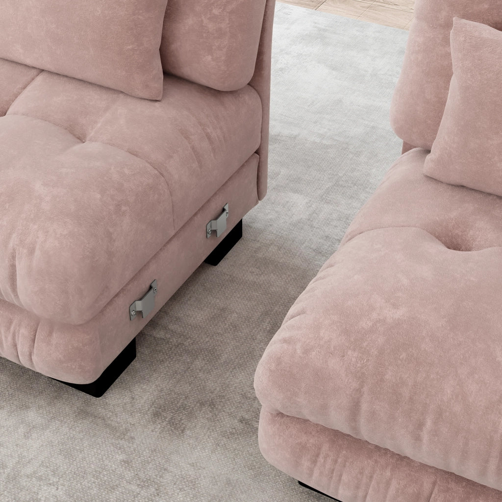 Divano modulare a L con ottomani in chenille rosa con cuscini lombari e decorativi da salotto 81 × 220 × 145 cm