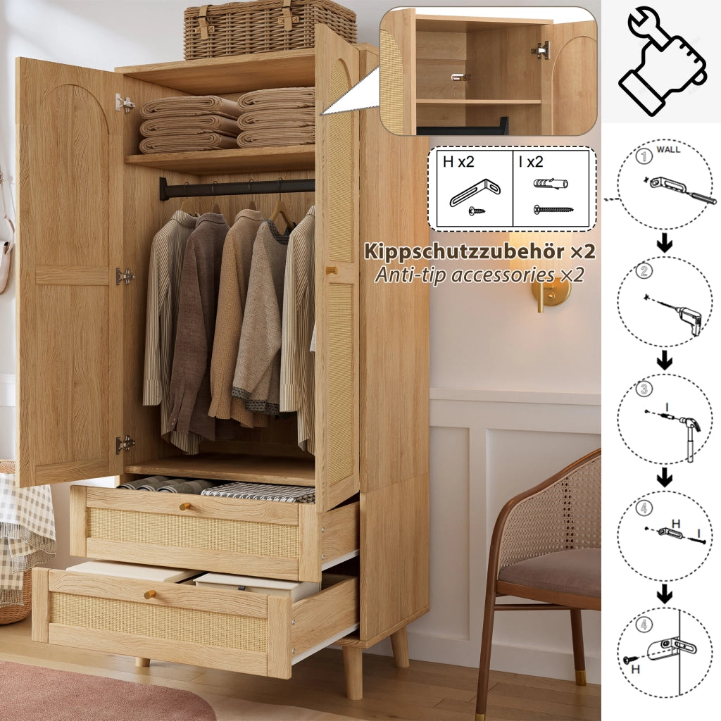 Armadio con 2 ante, appendiabiti, ripiani e 2 cassetti per camera, in MDF naturale, 80 × 50 × 180 cm
