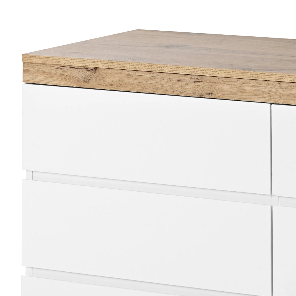 Cassettiera con 6 cassetti e vano chiuso, per camera da letto e soggiorno, bianco e rovere, 110 × 40 × 67.5 cm