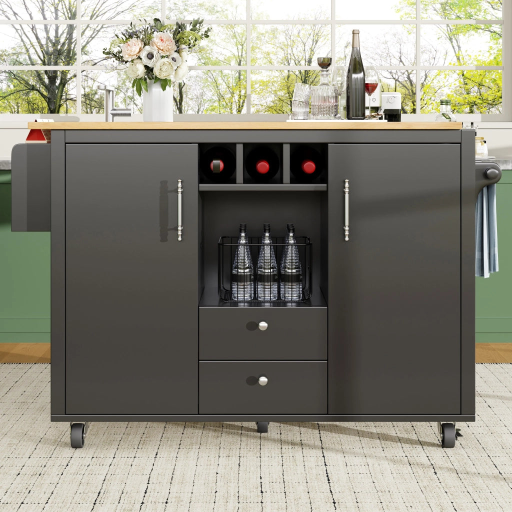 Isola da cucina mobile con piano ribaltabile; 2 cassetti; portabottiglie; ruote girevoli e ripiani nera