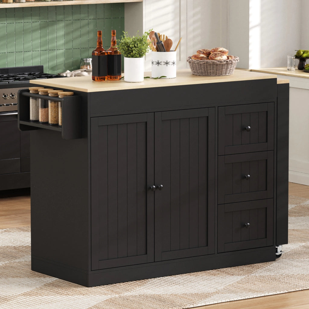 Carrello da cucina su ruote con piano laterale estraibile, 3 cassetti e portaspezie, per cucina e sala da pranzo, nero