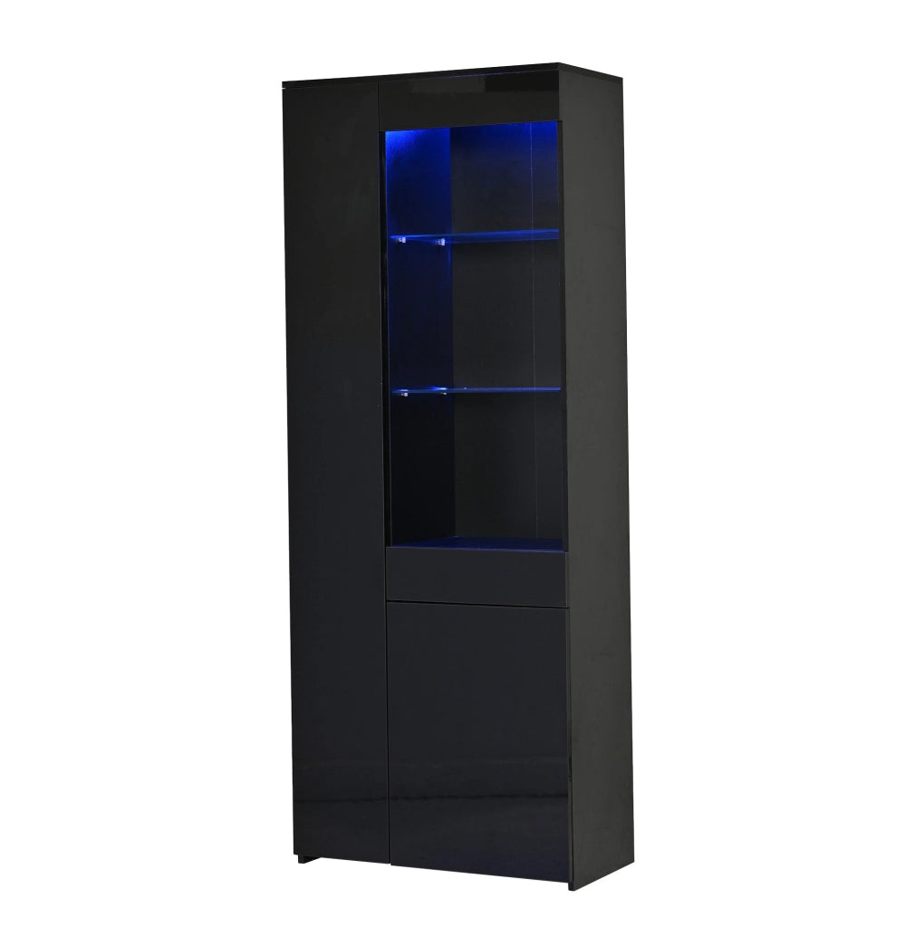 Vetrina nera in pannelli truciolari 70x35x180 cm con LED, due ante, cassetto e ripiani in vetro temperato
