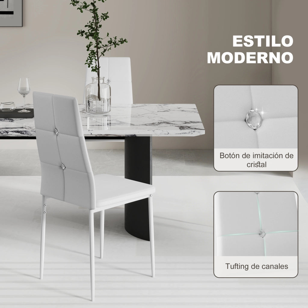 Set di 6 Sedie da Pranzo Imbottite ¨C Minimal ¨C Schienale Alto con Bottoni, Patte in Metallo, Colore Bianco