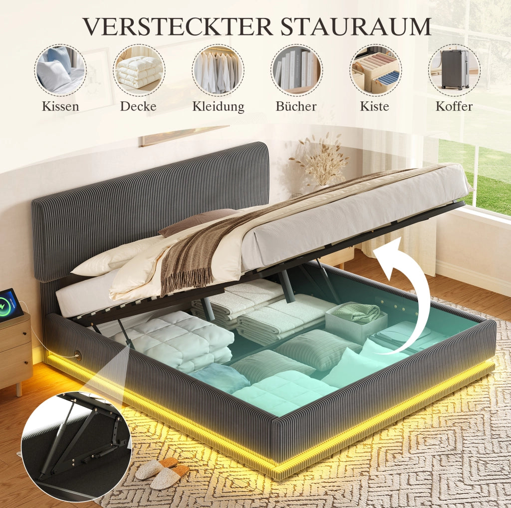 Letto imbottito moderno 160x200 cm con illuminazione LED, testiera regolabile e tessuto in velluto a coste grigio