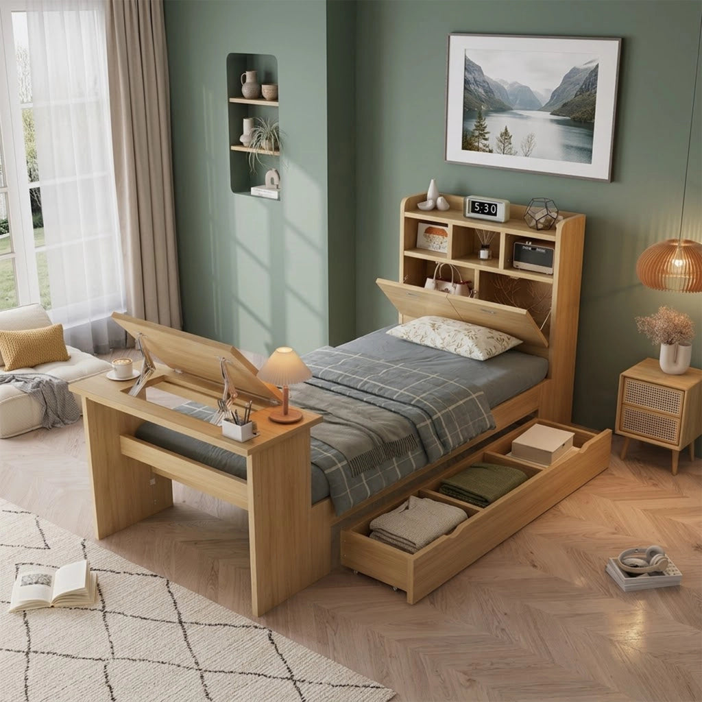 Letto con cassetti 90 × 200 cm con tavolo pieghevole regolabile e ripiano testiera in legno colore naturale