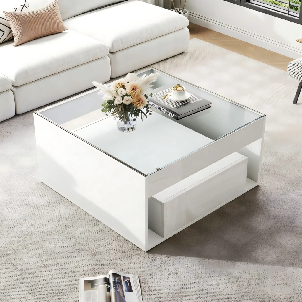 Tavolino da salotto 70x70 cm con 2 cassetti; LED e piano in vetro temperato bianco HOMVRA
