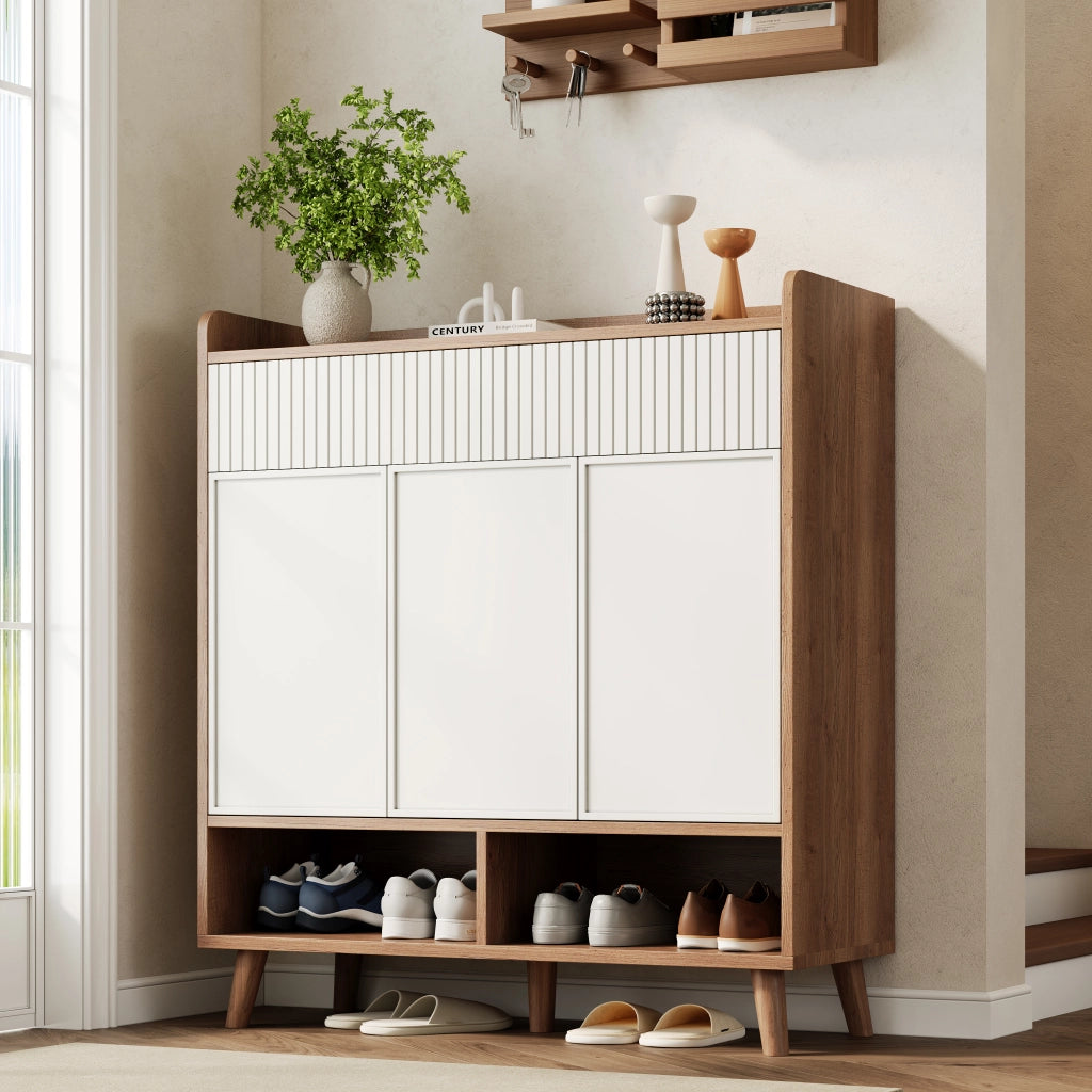 Scarpiera con 3 ante; 2 cassetti e ripiani regolabili 90x35x100 cm; bianca e naturale