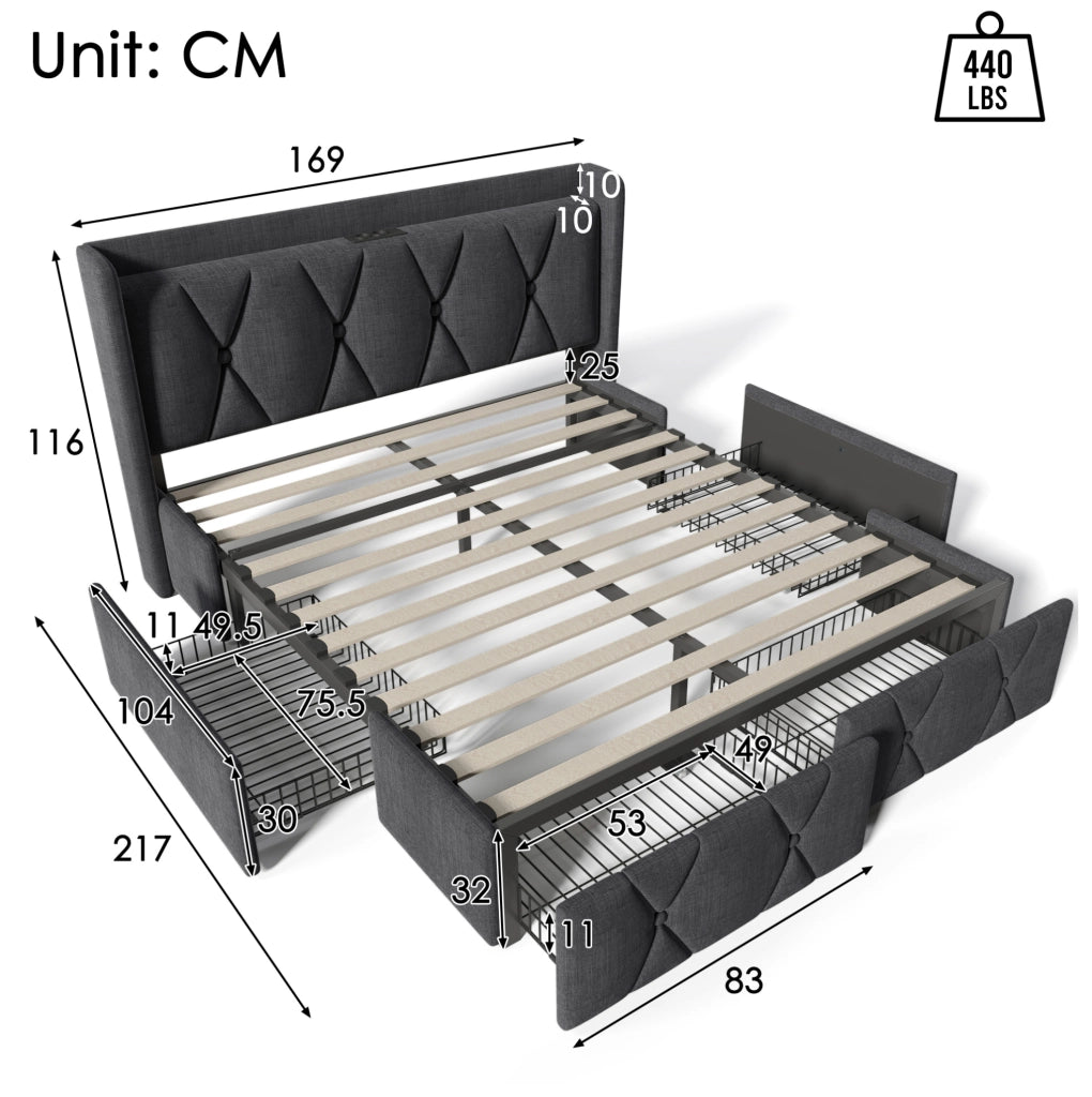 Letto imbottito 160x200 cm con 4 cassetti e prese USB in tessuto di lino grigio