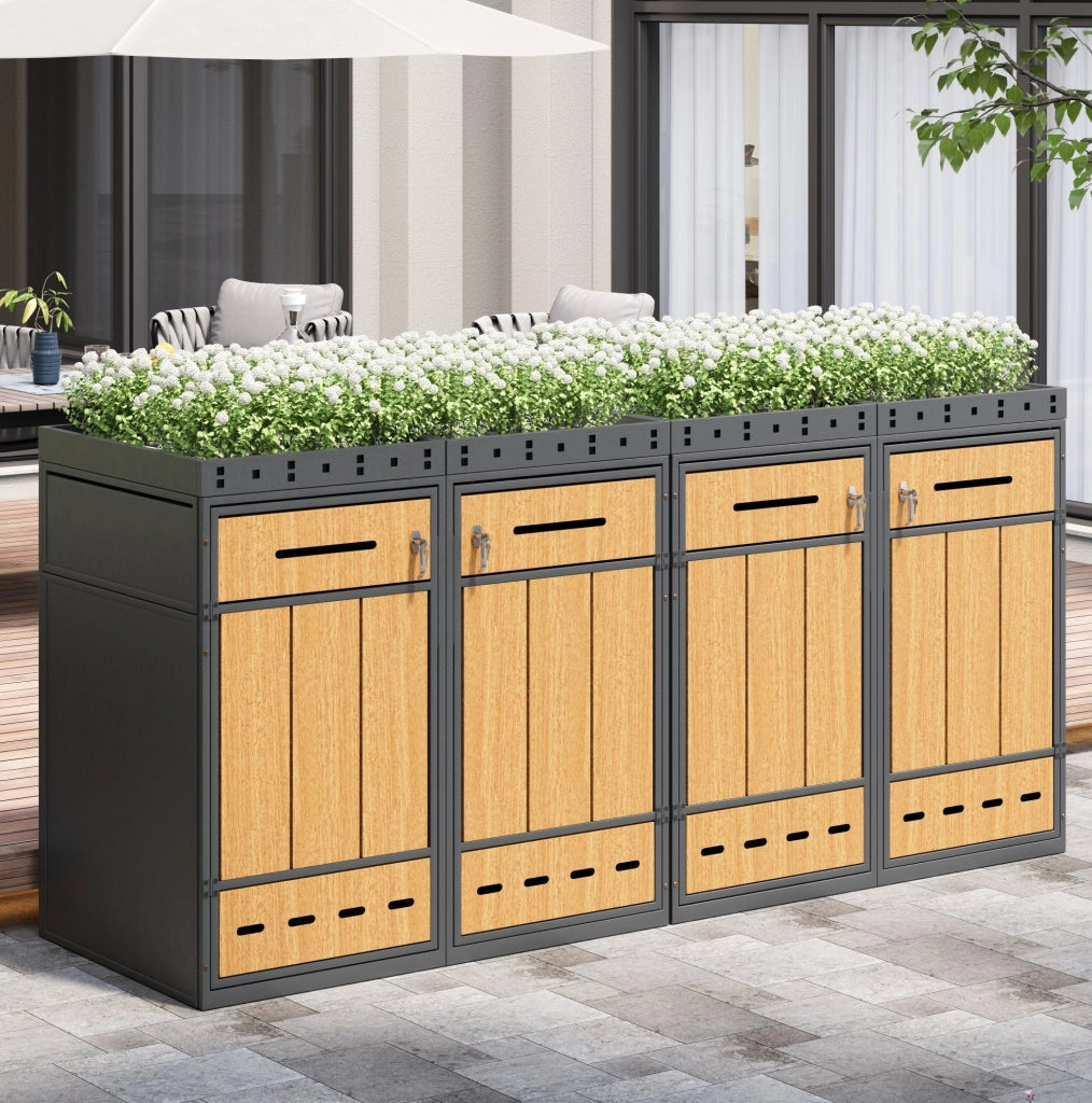 Cassonetto porta rifiuti in acciaio zincato con tetto coltivabile effetto legno per 4 bidoni da 120-240 L