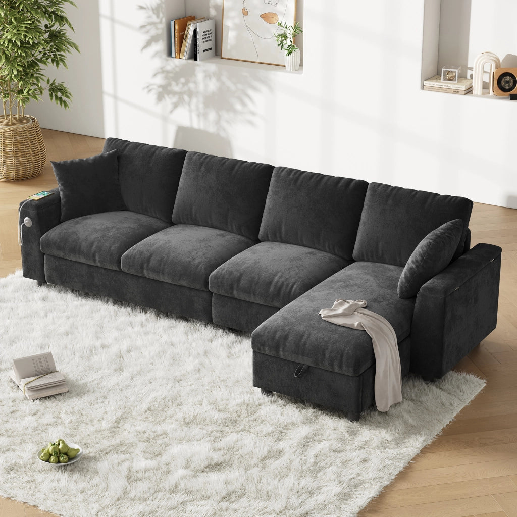 Divano angolare con funzione letto e chaise longue reversibile tavolino pieghevole porte USB e Type C contenitore braccioli chenille grigio