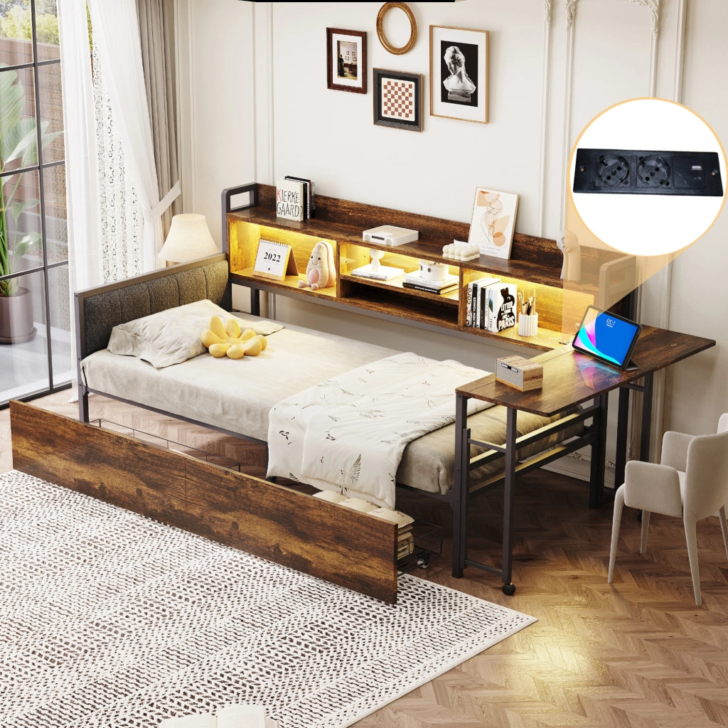 Letto singolo 90 × 200 cm con 2 cassetti; LED; scrivania estraibile e presa; senza materasso; in metallo color legno