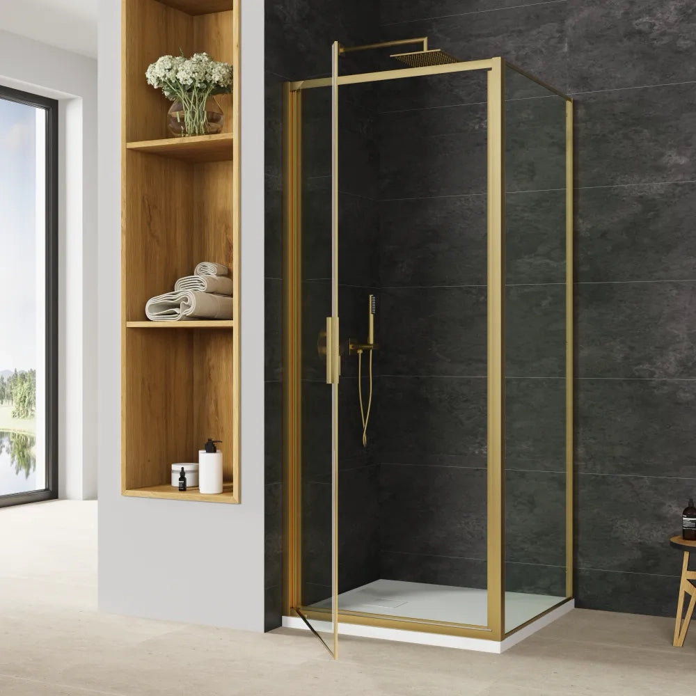 Box doccia slim 70x70cm con porta a battente e parete fissa profili oro spazzolato e vetro 6mm trasparente anticalcare h190| Portofino
