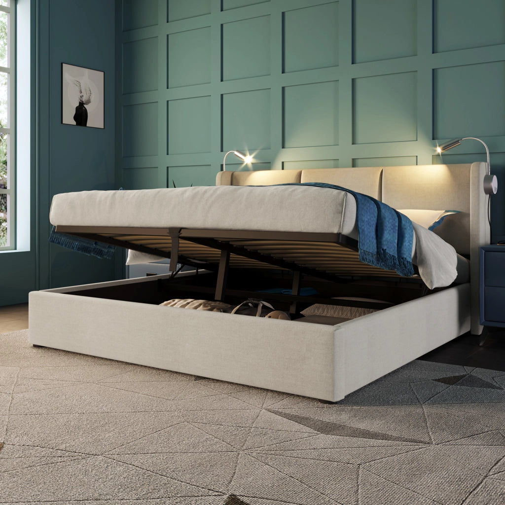 Letto matrimoniale imbottito 140 ¡Á 200 cm con contenitore luce da lettura USB in lino beige