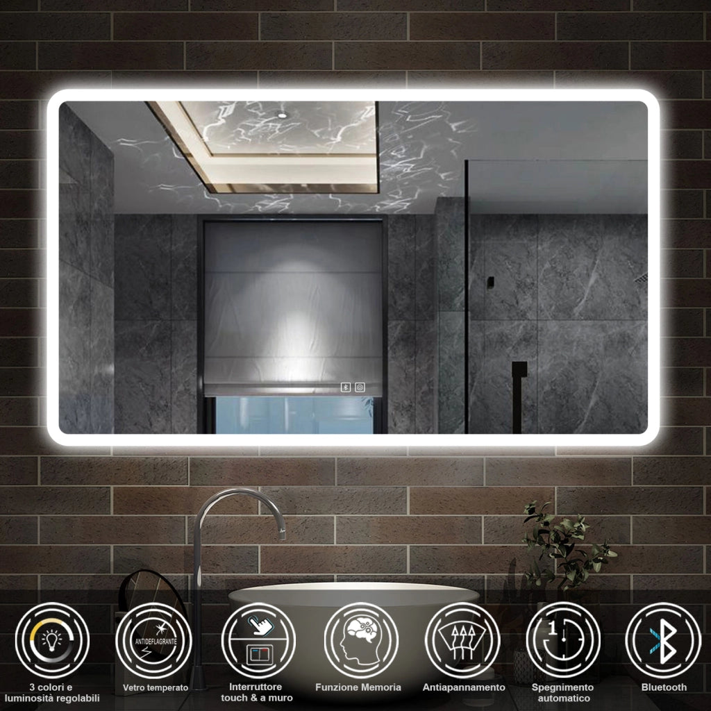specchio rettangolare 100 x 60 cm con luce led a 3 colori, antiappannamento e touch, bluetooth