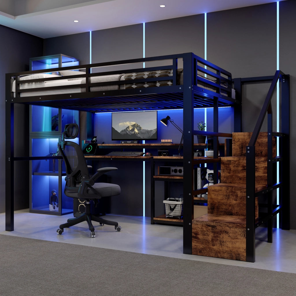 Letto a soppalco 140 × 200 cm in metallo e MDF nero con armadio scala ripiani LED USB e Type-C