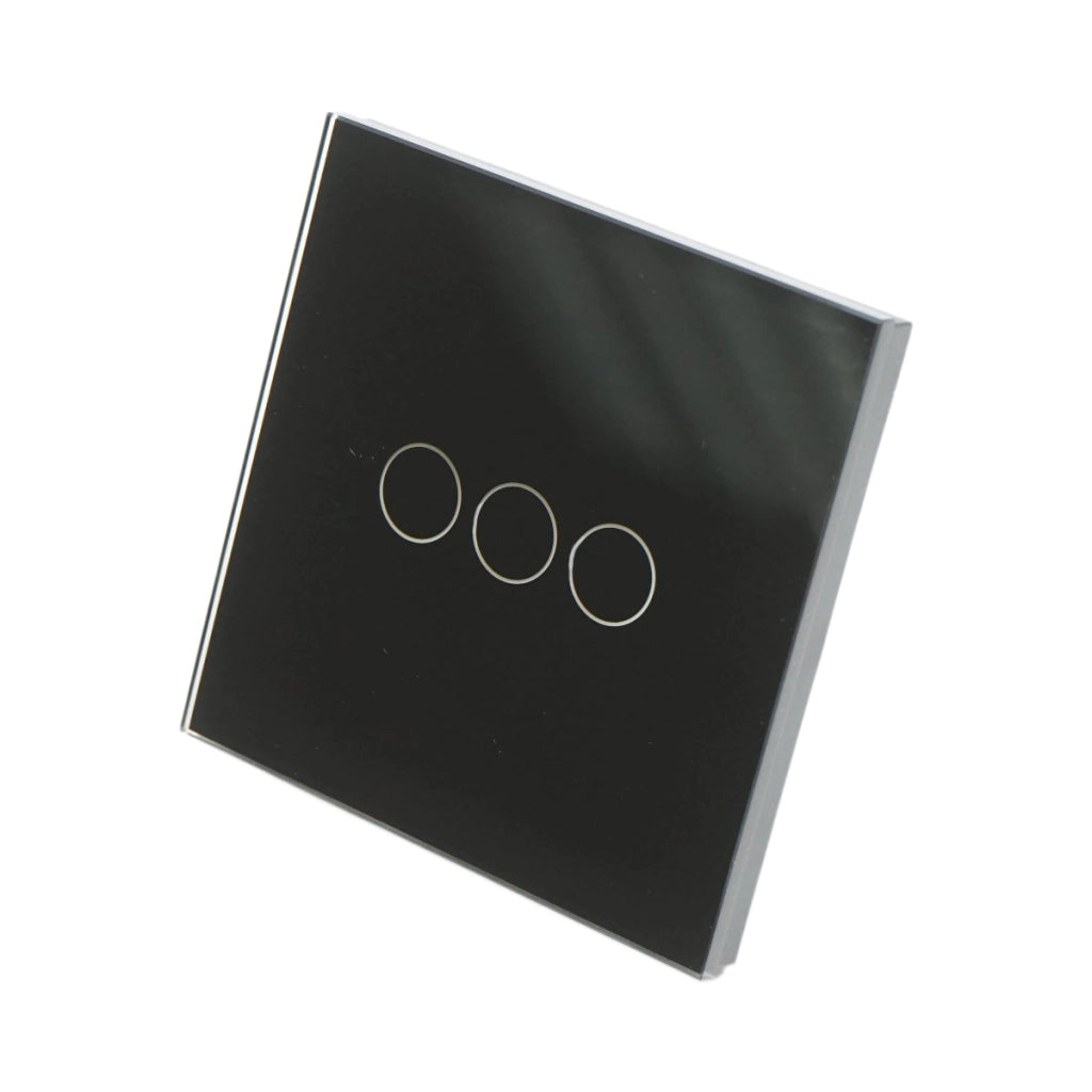 Interruttore a triplo tocco, nero, 220V, spia luminosa, cornice in vetro 86x86x34mm