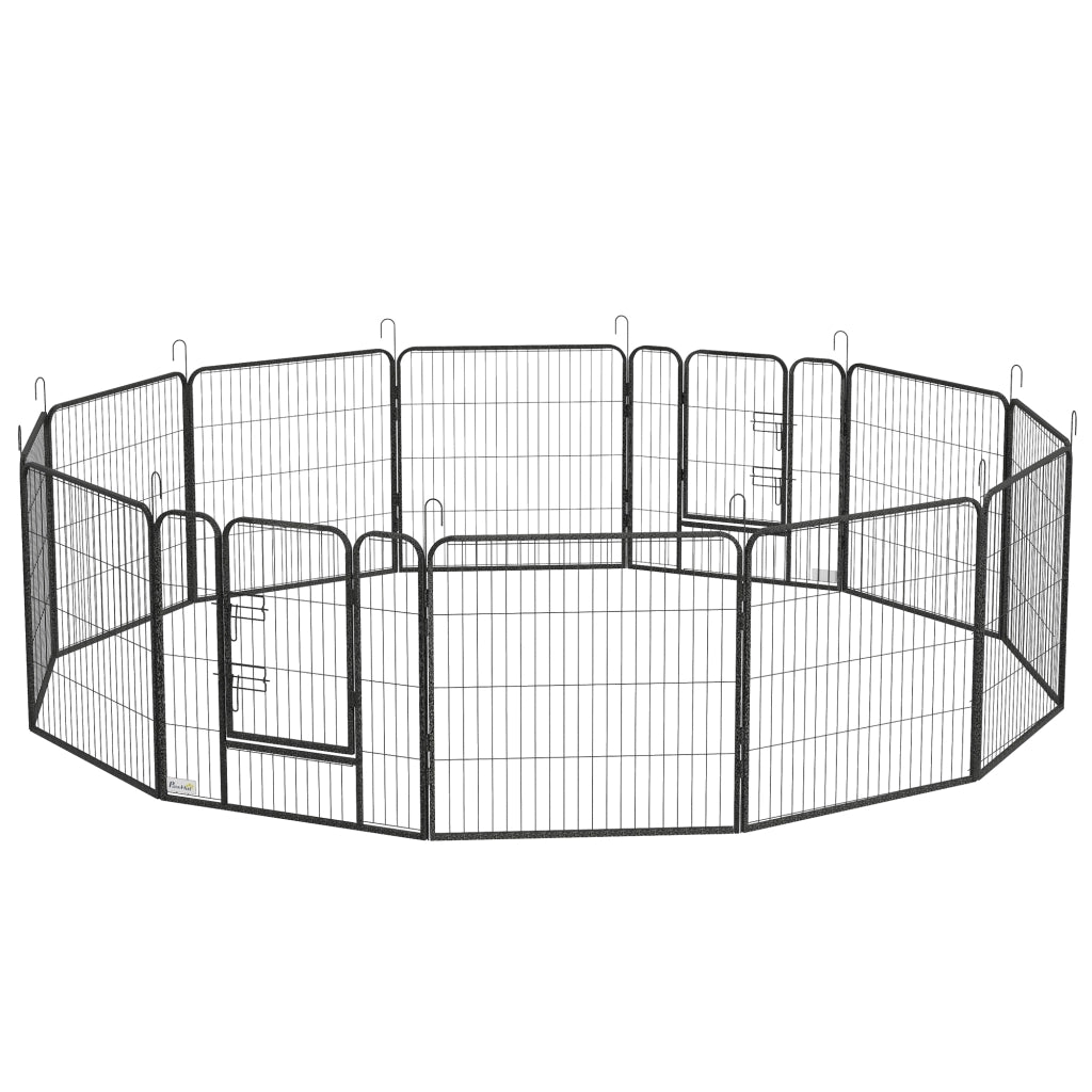 Recinto per Cani a 12 Pannelli Modulabili da 80x1.5x80 cm. Pieghevole con Porta in Acciaio. 12 Picchetti. Grigio