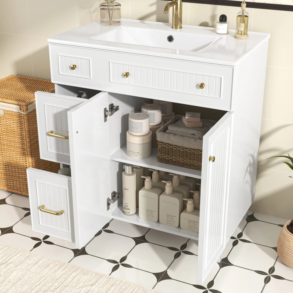 Mobile Bagno a Terra 81;7 cm con Lavabo in Ceramica; Cassetti e Anta; MDF; Bianco