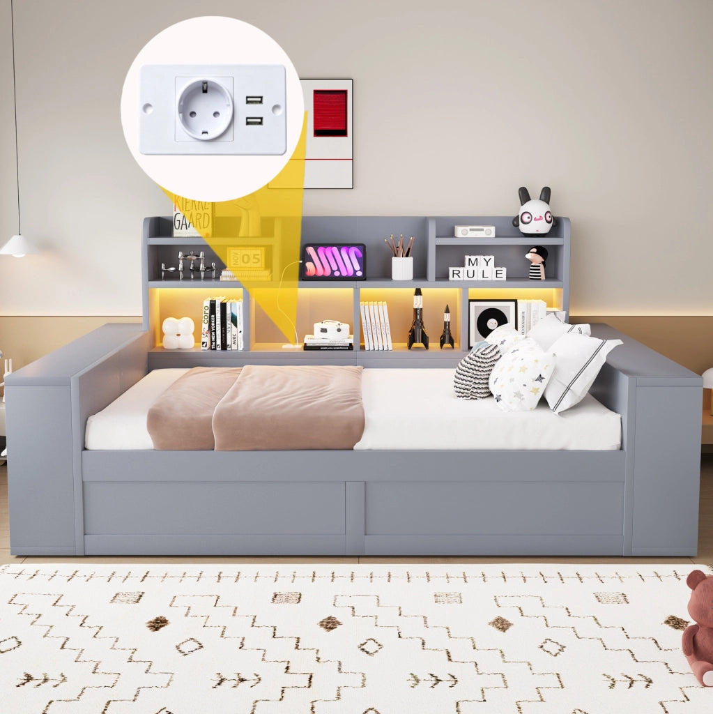 Divano letto 90x200 cm con contenitore idraulico, LED e prese in compensato e MDF grigio