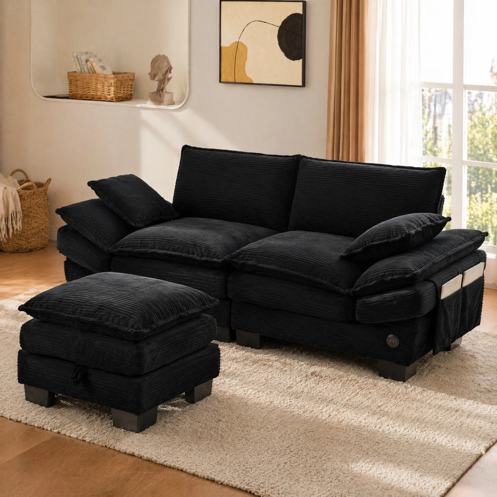 Divano 2 posti con pouf in velluto a coste; USB-C e tasche laterali; nero