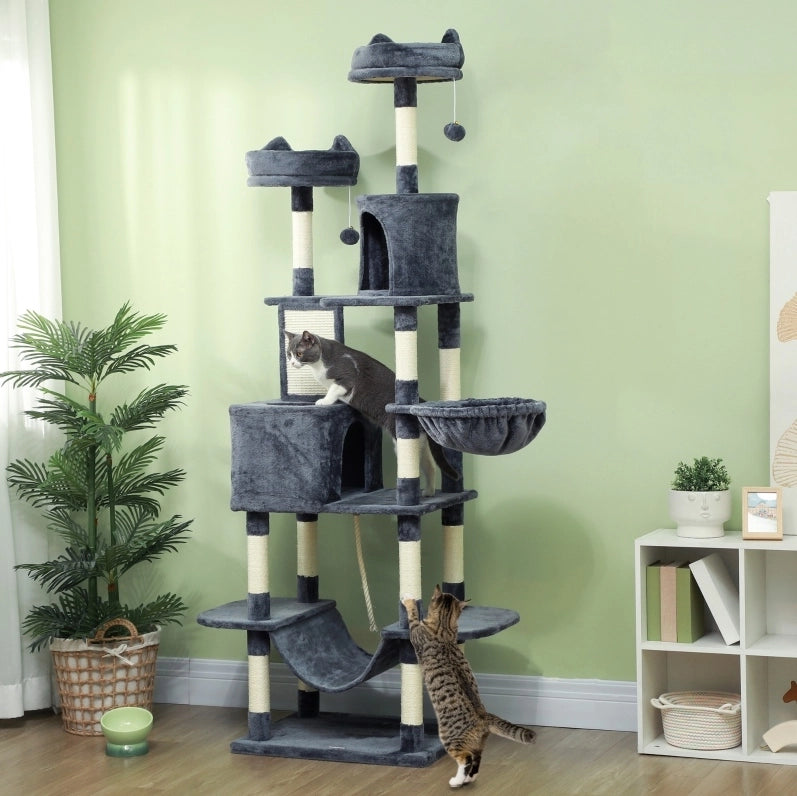 Tiragraffi per gatti 206 cm con cucce e amache grigio scuro