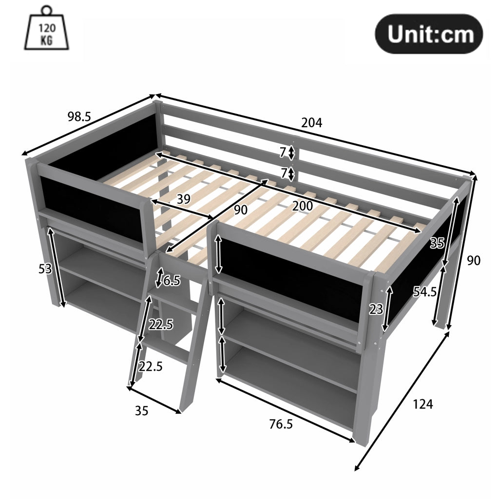Letto a soppalco singolo 90×200 cm con ripiani; scala e barriera di sicurezza; senza materasso; pino; grigio