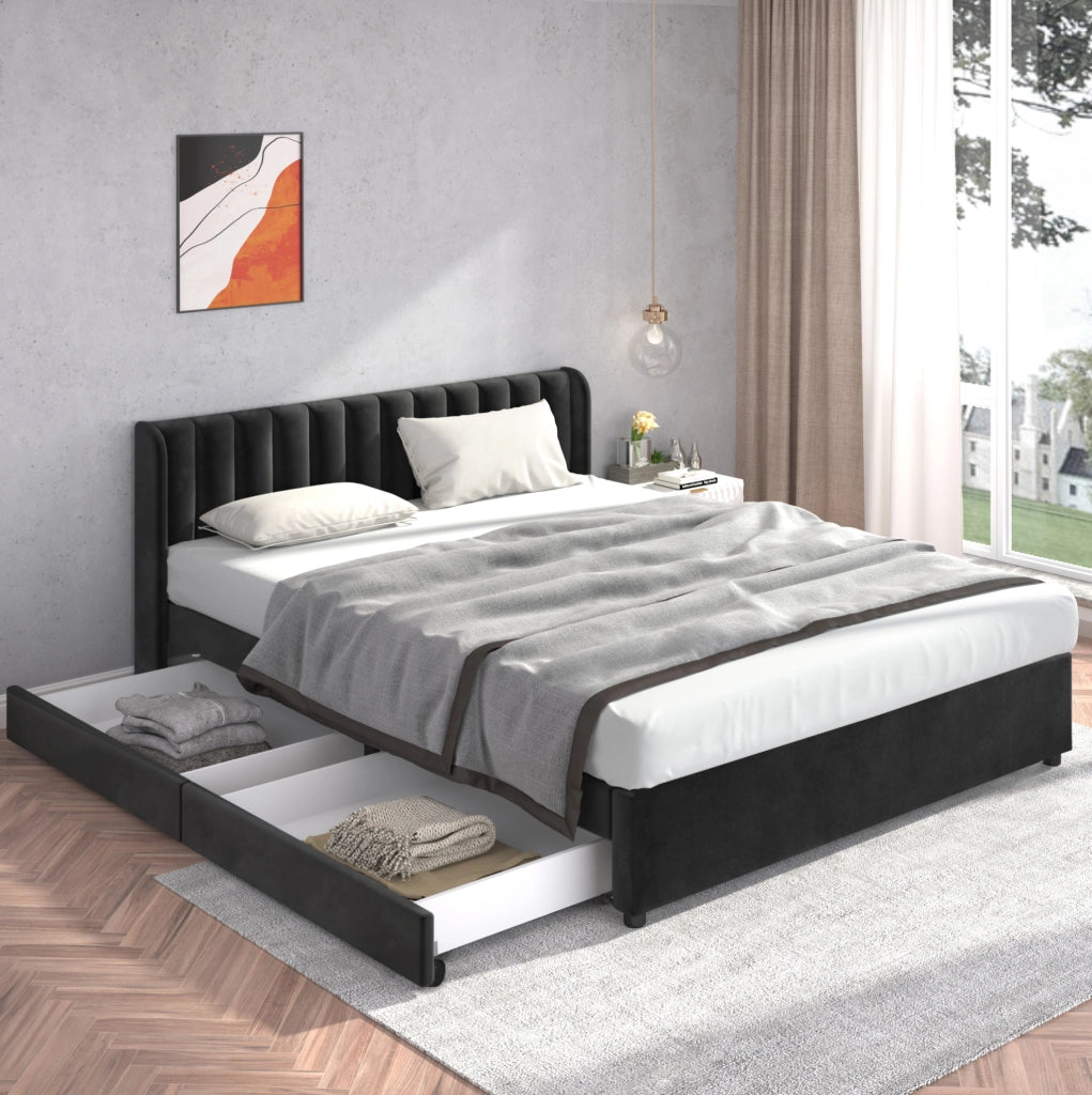 Letto imbottito 180x200 cm in velluto nero con rete a doghe, testiera e 2 cassetti