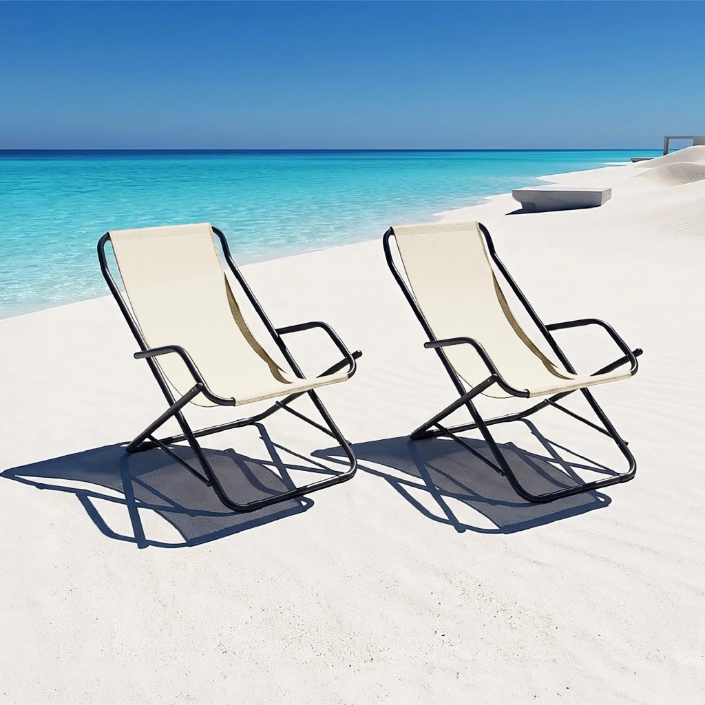 Set 2 Sdraio Sedie Spiaggina Relax Giardino Spiaggia, Pieghevoli in Acciaio e Textilene con Braccioli  Funzione Basculante Dondolo– Il Gruppone Beige