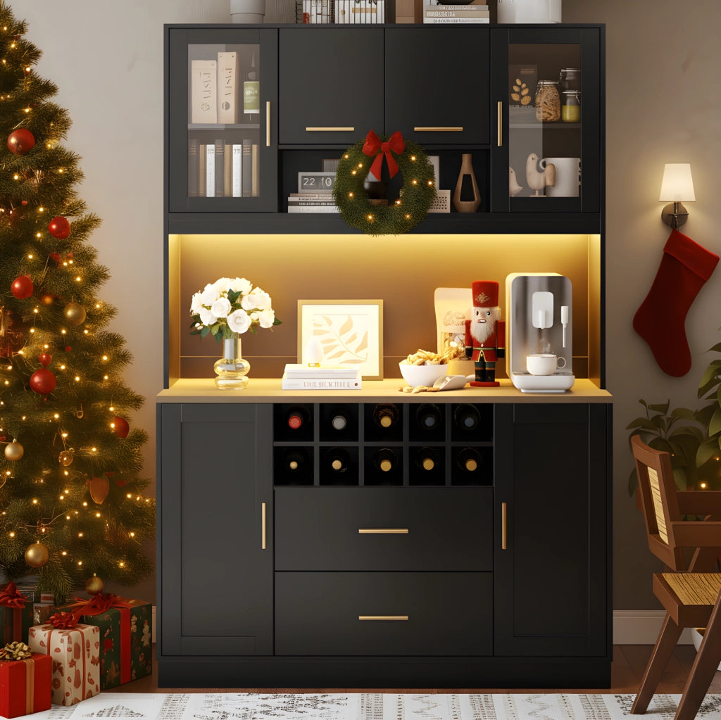 Credenza nera 120x36,3x180 cm con LED, prese USB e sei ante