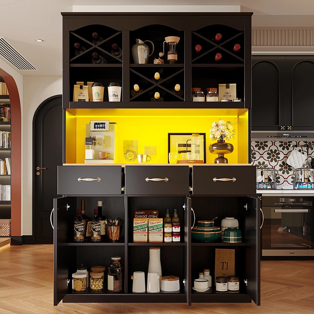 Credenza Cucina Alta 120x40x180cm - Xylo - 3 Ante, 3 Cassetti e Luci LED, Nero