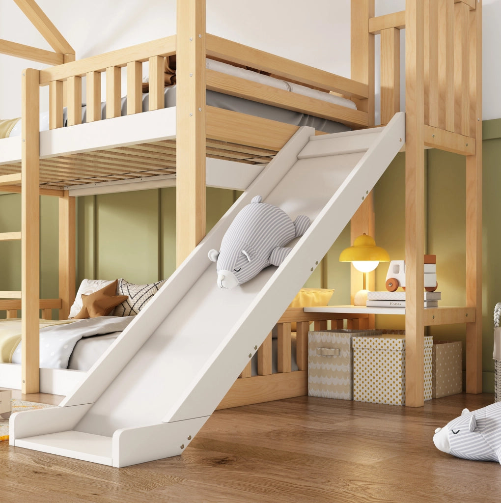 Letto a castello 90x200 cm con scivolo e ripiano in MDF, pino e compensato