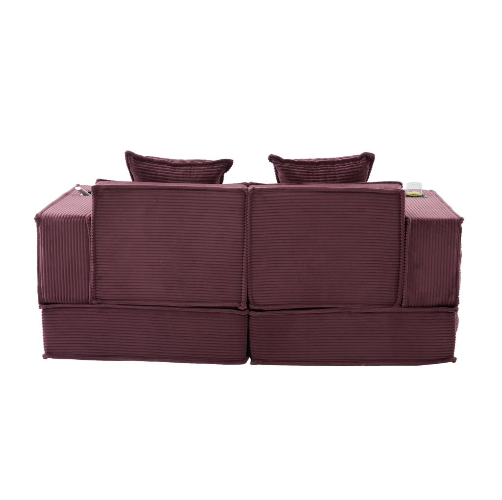 Divano Letto Doppio Moderno in Tessuto con Pouf Contenitore e Due Cuscini, 162x78x66 cm