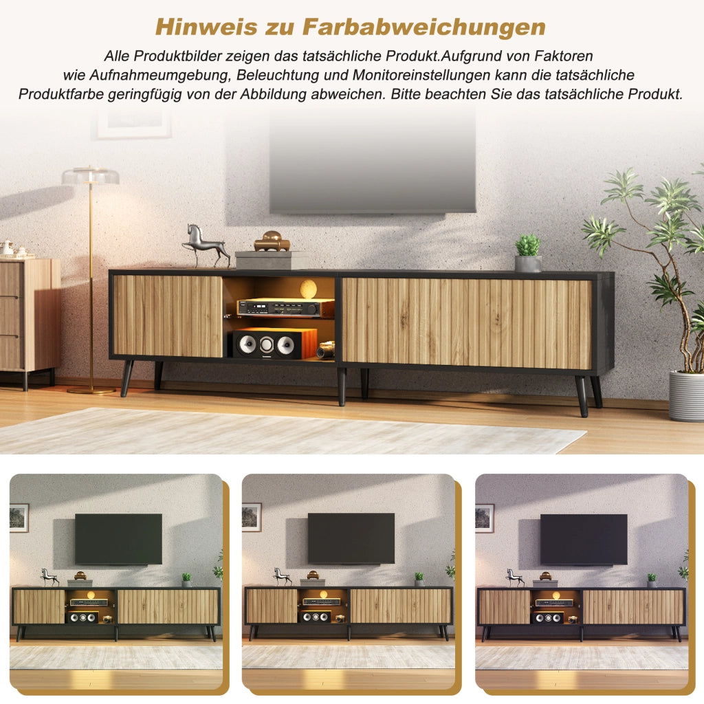 Mobile TV LED con 3 ante e ripiani in vetro regolabili per soggiorno, legno naturale e nero, 175 × 31 × 43.5 cm