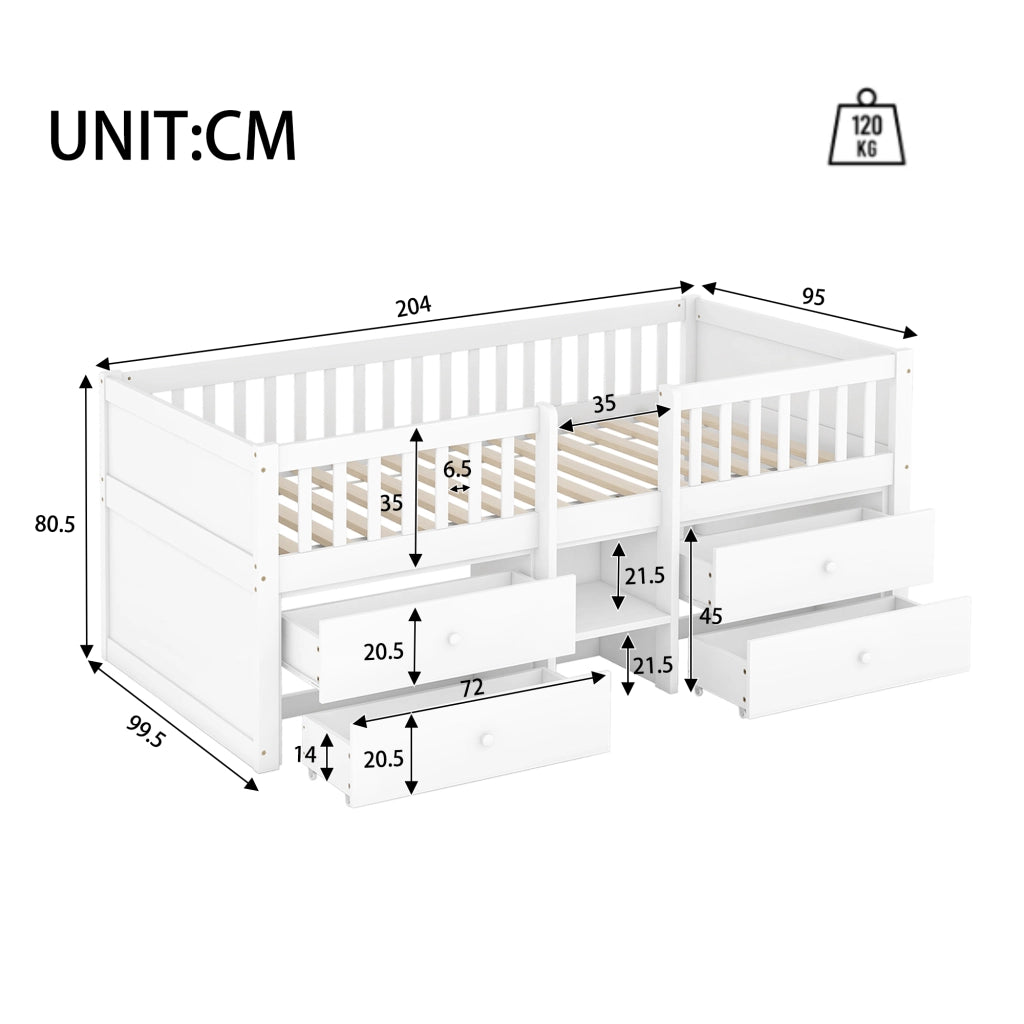 Letto a soppalco 90×200 cm con 4 cassetti; sbarre e scala; senza materasso; pino; bianco; per camera da letto