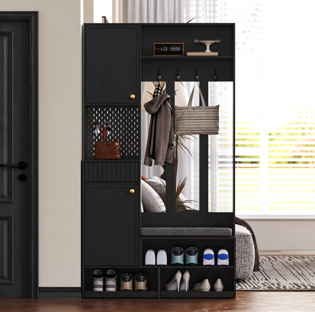 Set guardaroba con panca imbottita, 4 ganci, ante e cassetti, MDF nero, 100×180×35 cm