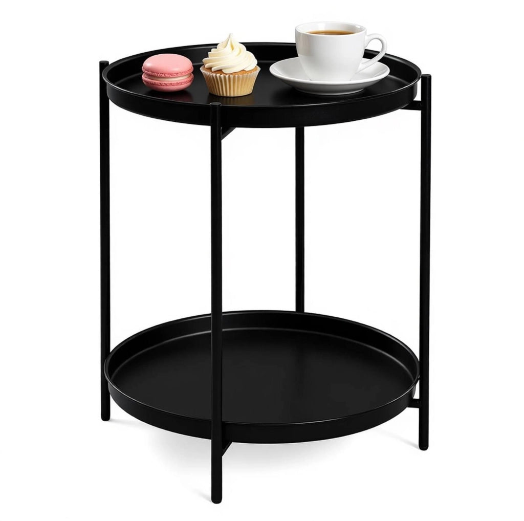 Tavolino da salotto rotondo in metallo con ripiani, 44x44x53 cm, colore nero