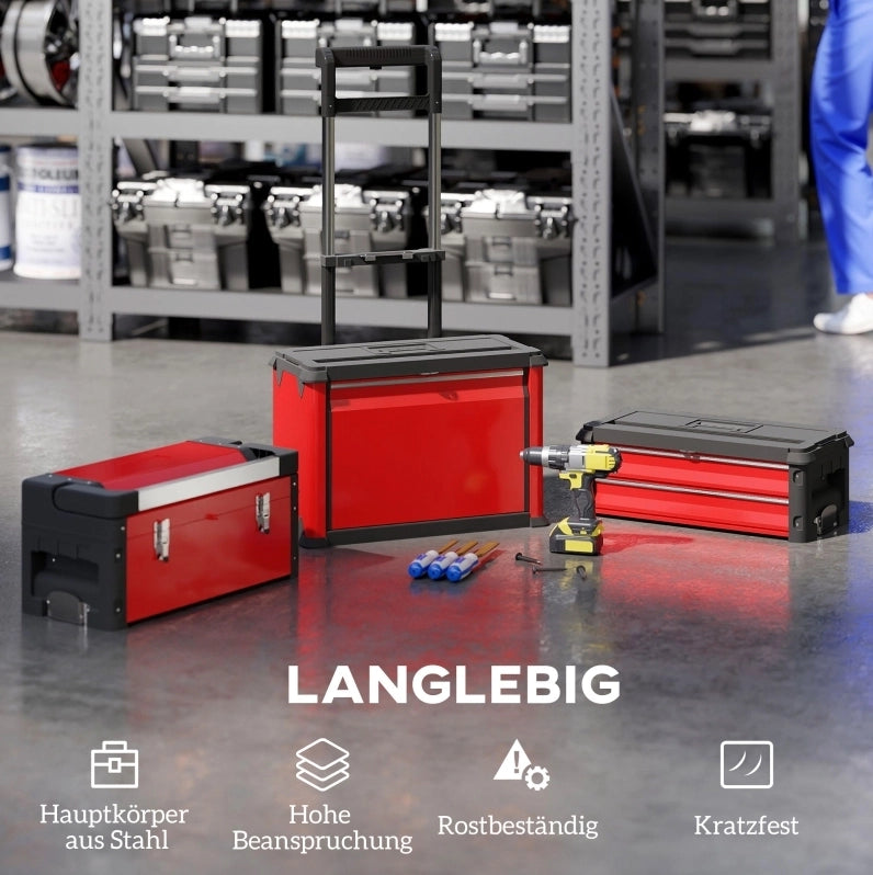 Carrello portautensili modulare in acciaio rosso con 3 unità, maniglia telescopica e ruote da 5"