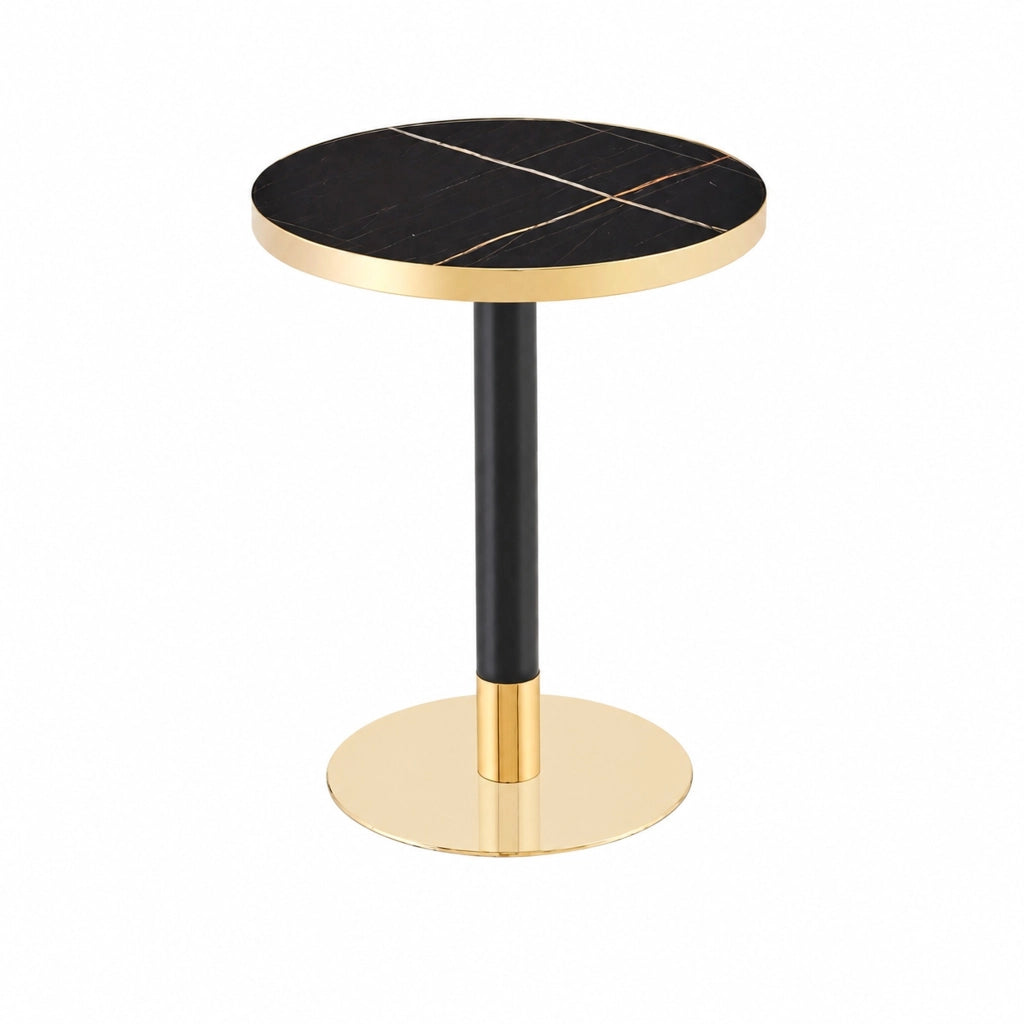 Tavolo da pranzo rotondo con base stabile e bordo dorato, piano effetto marmo nero in MDF e metallo, diametro 60 cm