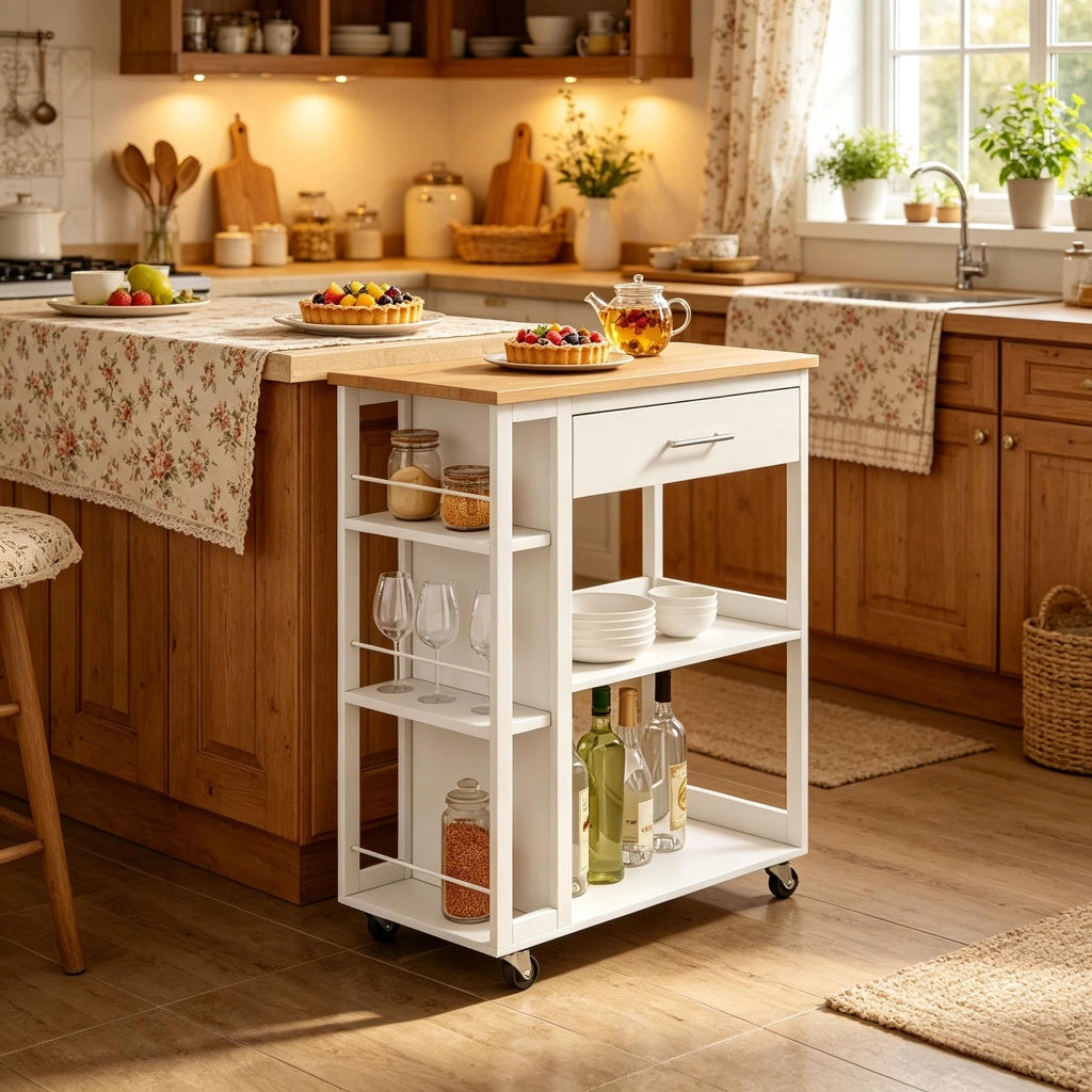 Carrello da cucina con cassetto; ripiani aperti e 4 ruote con freno in MDF bianco effetto legno
