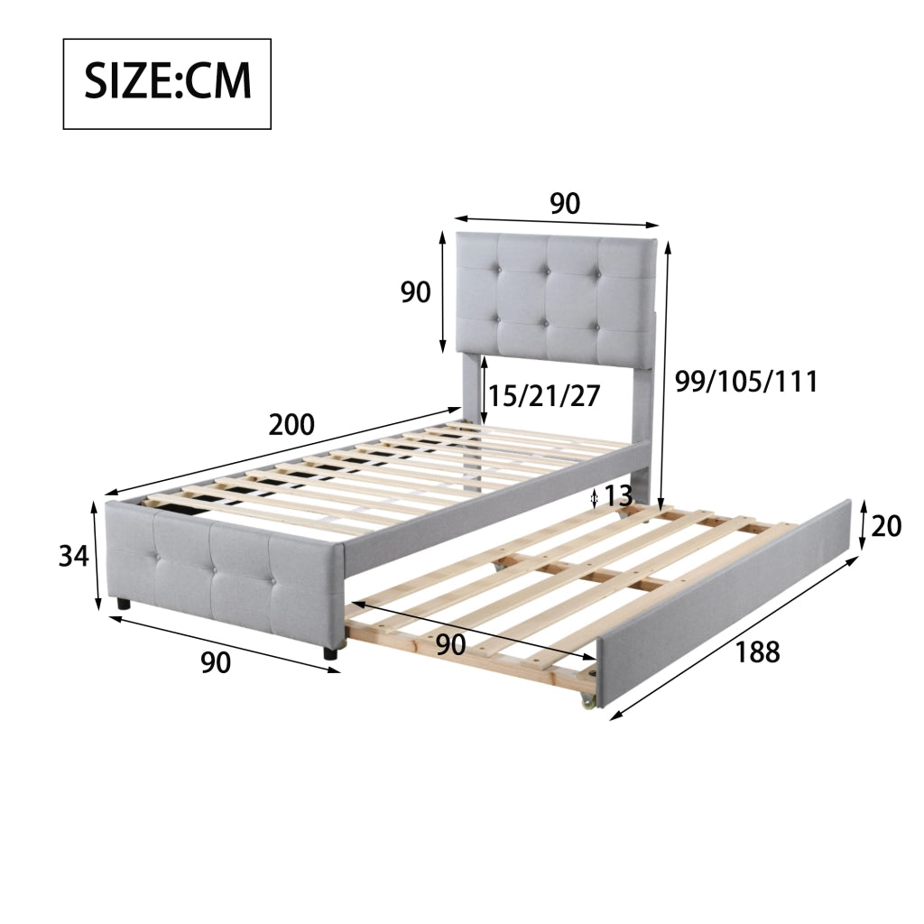 LETTO POLSTER 90 x 200 cm con letto estraibile, testiera regolabile, grigio