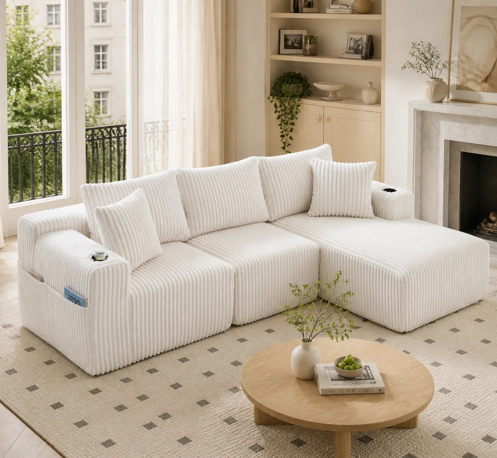 Set divano beige in velluto a coste con chaise longue, modulo 2 posti e 5 cuscini