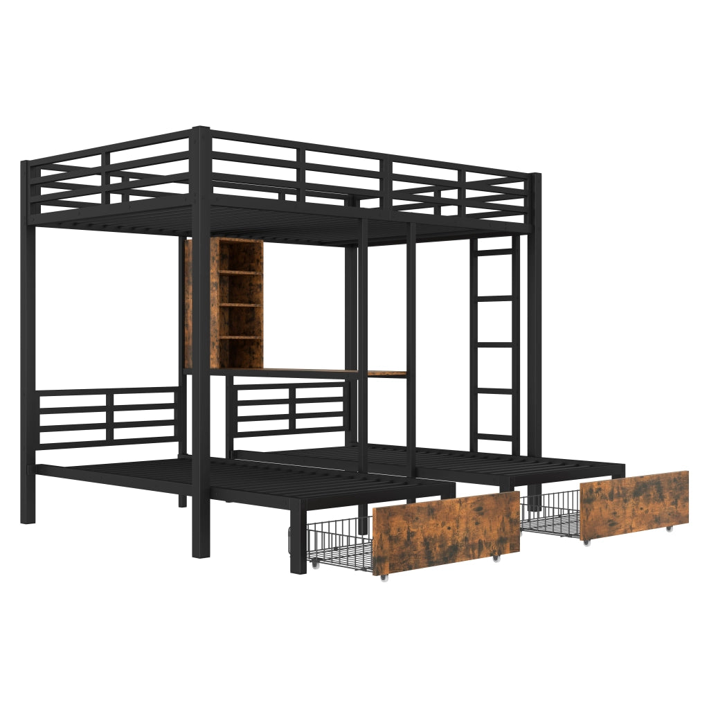 Letto a Castello 140x200 cm + 90x200 cm in MDF e metallo con 2 Cassetti; Ripiani Nero